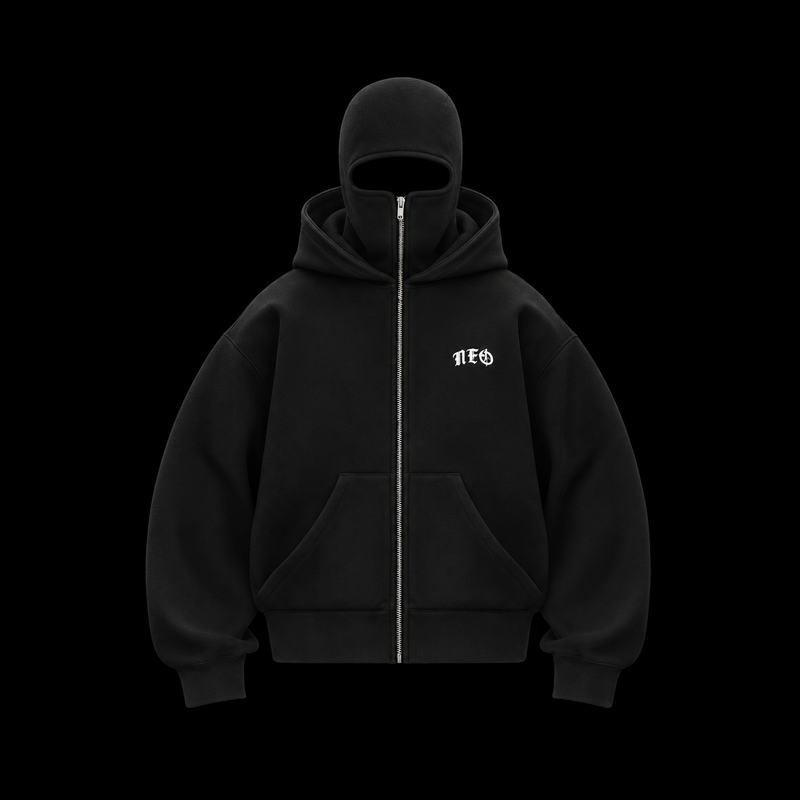 Balaclava Hoodie in black with a full-cover hood