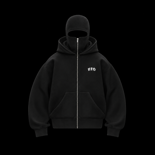 Balaclava Hoodie in black with a full-cover hood