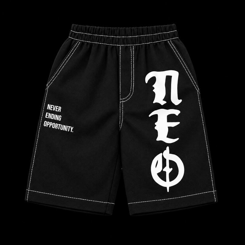 OG Neo Jorts in black, oversized and cut long